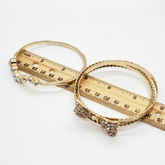 Lot of 5 Goldtone bangles 2 have rhinestones clear aurora borealis bow design - Picture 4 of 4